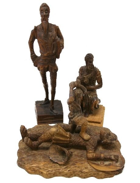 3 "BLACK FOREST TYPE" WOOD CARVED STATUES: 3 finely carved wood statues: Don Quixote, Moses, and David slaying Goliath. The tallest stands 14 inches. All are well executed. Some minor damage. Probably Spanish.