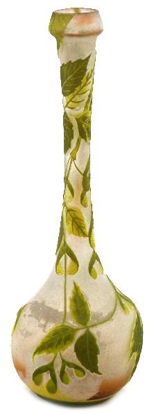 19TH CENTURY ORIGINAL GALLE ART GLASS VASE: Opaque glass vase standing almost 13 inches tall. Green foliate design work added and signed Galle. No cracks or chips. Emile Galle, French Art Nouveau Glassmaker, 1846-1904.