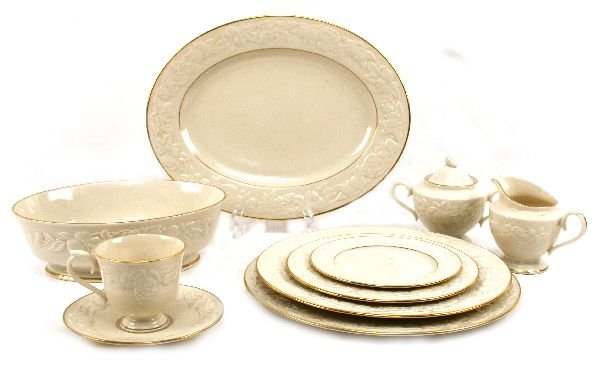 45 LOT LENOX FRUITS OF LIFE PATTERN CHINA: 5 piece setting for 8 consisting of dinner plate, salad plate, bread & butter plate, cup & saucer. Also included are 12 inch round platter, 13 inch oval platter, oval serving bowl, sugar bowl (with li