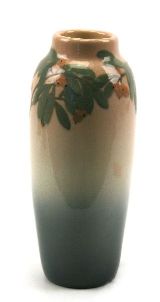 ROOKWOOD 1915 S. SAX IRIS GLAZE ART POTTERY VASE: This Sara Sax artist piece vase displays a textured floral design over beautifully crazed tricolor background, measures 8.5inches in height and is in excellent condition. Bottom bears the fire mark, "