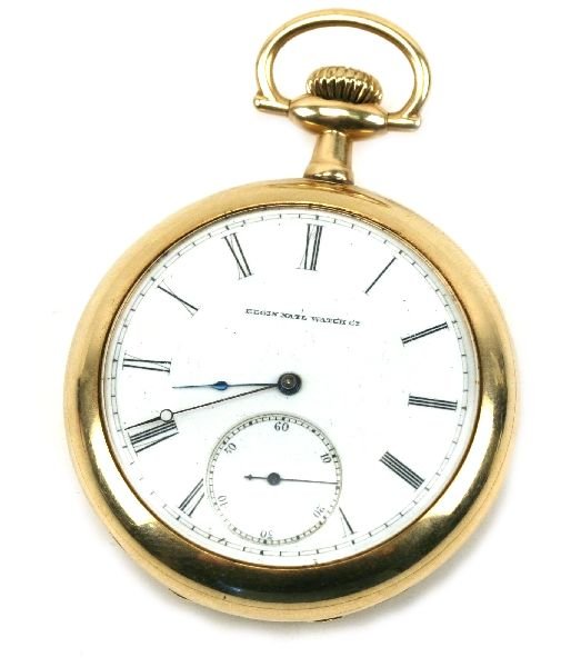 14K GOLD ELGIN OPEN FACE POCKET WATCH: Elgin Natl Watch Co 14K open face pocket watch with porcelain Roman numeral dial with sunken Arabic numeral second dial. Case #6822446 movement #609391. 5 cm face, 93.5g. Fly wheel is free but only ru