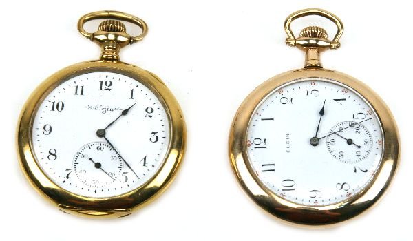 ELGIN POCKET WATCH LOT OF 2: Elgin pocket watch lot of 2. One Elgin pocket watch, gold filled case, inside case back stamped "Wadsworth Referee Warranted 20 years". White porcelain dial with Arabic numbers. 17 jewel movement, ser
