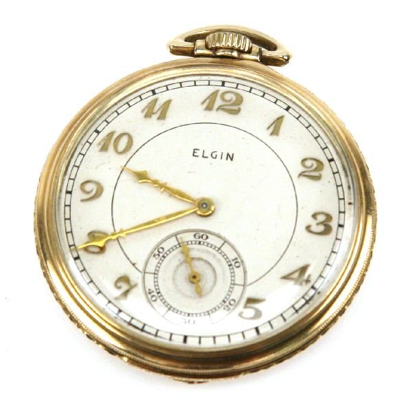 10K ROLLED GOLD ELGIN POCKET WATCH CIRCA 1937: Elgin pocket watch, size 12S, with Arabic numeral white dial marked "Elgin", 15 jewel movement in running condition (intermittent), and inside case-back stamped 10K rolled gold plate. Overall very goo