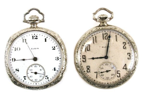 14K WHITE GOLD FILLED ELGIN POCKET WATCH LOT OF 2: Elgin pocket watch lot of 2. One Elgin pocket watch, 14K white gold filled case, white porcelain dial with Arabic numbers. 7 jewel movement, serial 28543166, circa 1925. One Elgin pocket watch, 14K wh