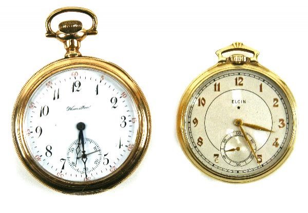 ELGIN & HAMILTON POCKET WATCH LOT OF 2: Elgin & Hamilton pocket watch lot of 2. One Elgin pocket watch, 10K gold filled case, inside case back stamped "10K gold filled". off white silver-tone dial with Arabic numbers. 17 jewel movement, ser