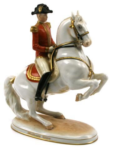 AUGARTEN RIDER LEVADE AUSTRIA VIENNA PORCELAIN: Porcelain figurine of a Lipizzan or Lipizzaner and Horse Rider from the Spanish Riding School in Vienna, Austria, made by Augarten Wien Porcelain Manufactury. Has Augarten hallmark and words: "Levade