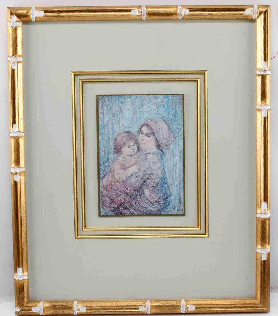 EDNA HIBEL FRAMED LITHOGRAPH WOMAN & CHILD: Image of a woman holding a small child. Signed on the plate. Mounted and matted very nicely in gilded frame. Measures 8 X 6 inches (sight) and 20.75 X 17.5 inches (framed). In very good condition.