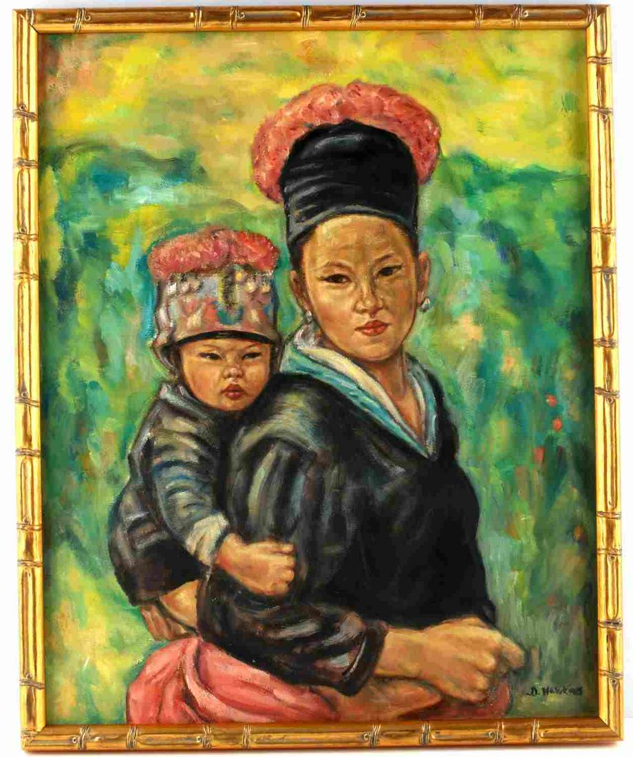ASIAN MOTHER AND CHILD VINTAGE OIL PAINTING: Original vintage oil on canvas of Vietnamese mother and child with gilt bamboo frame, in good condition measuring 17x21 inches. Signed, illegibly, in lower right corner.