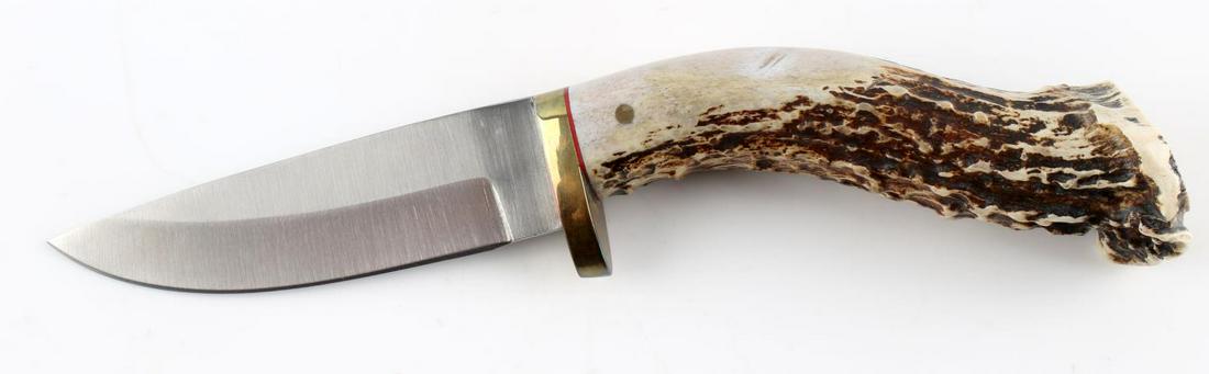 CUSTOM STAINLESS STEEL STAG HORN HANDLE KNIFE: Custom Stainless Steel Stag Horn Handle Knife. Measures 9 inches long. No sheath. Very good condition.