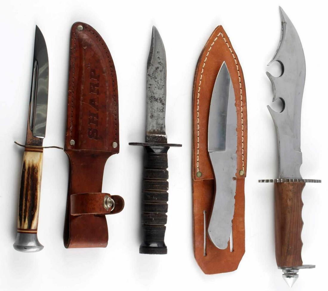 LOT OF FOUR MISCELLANEOUS KNIFE COLLECTION: Lot of 4 knives. Handle types are antler, wood, steel, leather. Measurements range 8 3/4 - 13 inches. Very good condition.