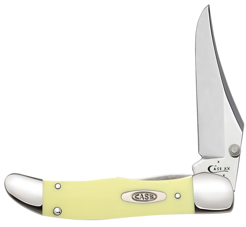 CASE KNIFE YELLOW SYNTHETIC SMOOTH MID FOLD 80265: Kickstart Mid-Folding Hunter, smooth handle, (2.9 in.) mid-folding hunter clip, (4 in.) closed, .23 lbs This lot has a reserve.