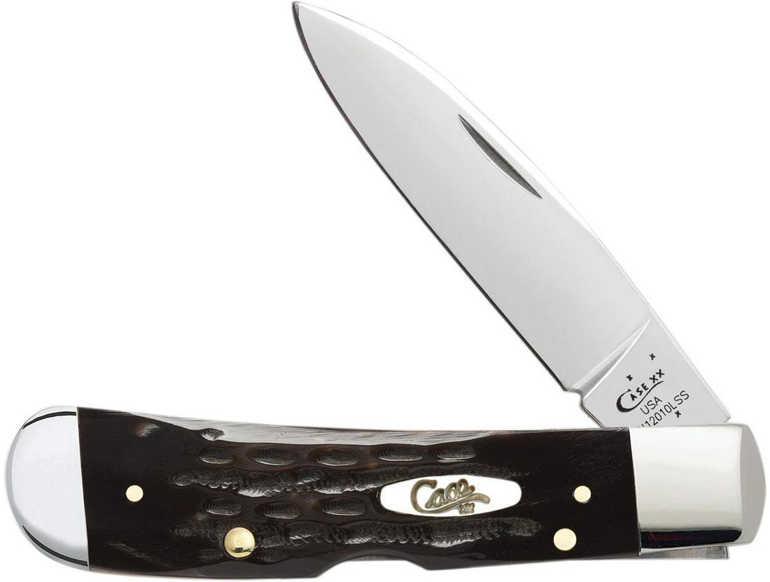 CASE KNIFE BOSE BUFFALO HORN JIG TRIBAL LOCK 65026: Blade length (3.02 in.), closed length (4.13 in.), (3.2 oz), Tru-Sharp stainless steel, Jigged buffalo horn handle, lockback. This lot has a reserve.