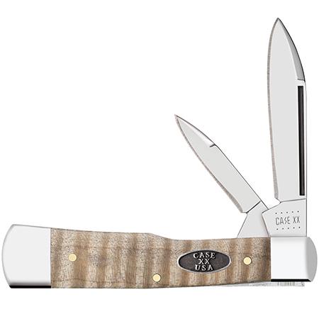 CASE NATURAL CURLY MAPLE SMOOTH GUNSTOCK KNIFE: Case Gunstock 25945 Curly Maple Wood Handle (72130 SS). Spear and Pen Blades. 3.75 in (9.5 cm) closed, 3.3 oz (93.6 g). A naturally rippled maple eye burl pattern wraps this smooth wood handle giving 