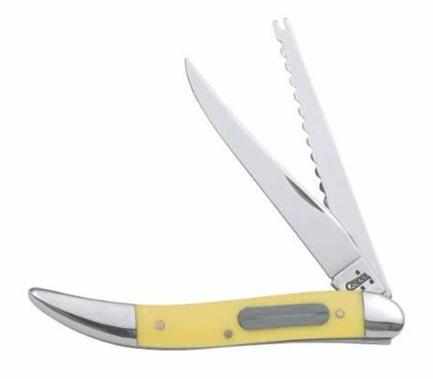 CASE YELLOW SMOOTH SYNTHETIC SMOOTH FISHING KNIFE: Fishing Knife 120 (320094F SS). Closed Length: 4-1/4" (10.80 cm). Blade Shapes: Long Clip Blade and Scaler with Hook Disgorger. Hook Sharpening Stone. Handle Material: Yellow Synthetic. Weight: 2.7 oz