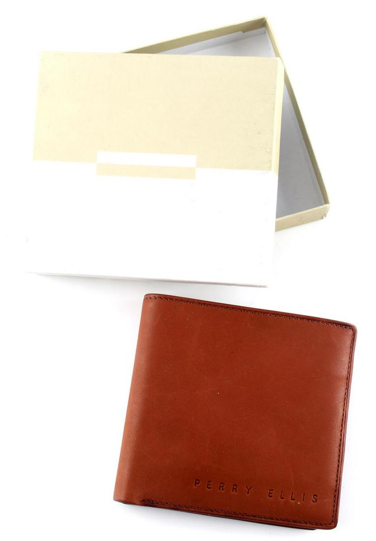 PERRY ELLIS GENUINE BROWN LEATHER BIFOLD WALLET: Perry Ellis Genuine Brown Leather Bifold Wallet. In original box. 4.5 X 4.5 inches. Very good condition.