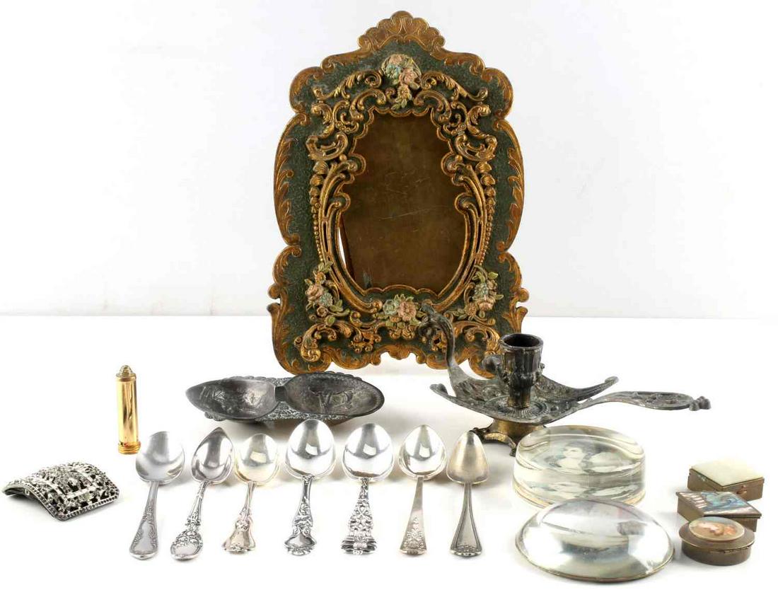 GENERAL ANTIQUES AND STERLING SILVER SPOON LOT: Lot has 7 Assorted spoons 4 are marked sterling and 3 are not. Lot also includes 2 Victorian glass paperweights, trinket boxes, candle stick and gilt and painted metal picture frame (10x7 inches).