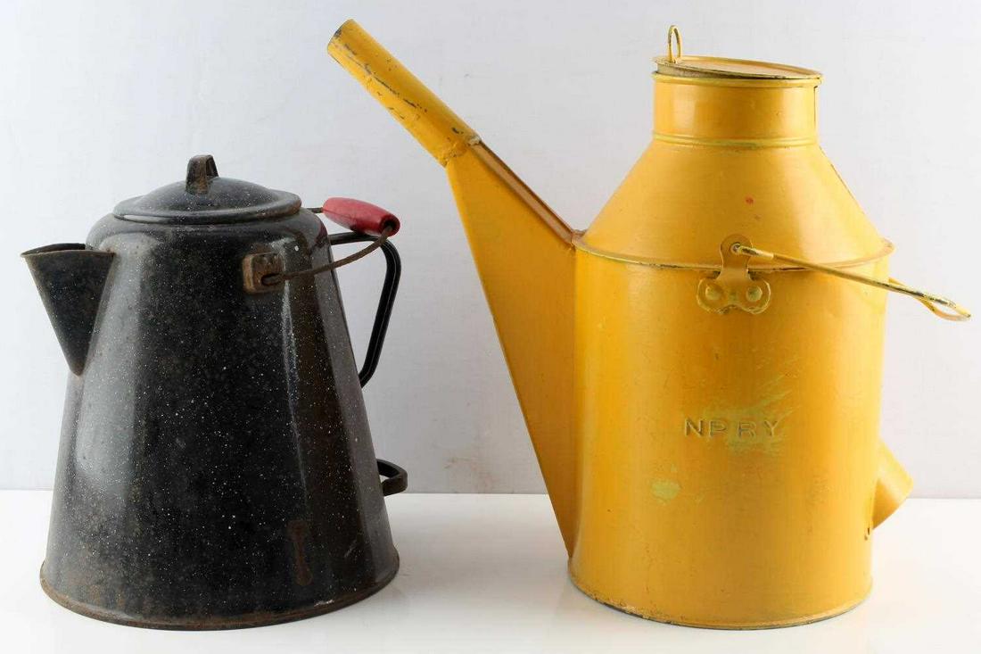 LOT OF 2 METAL COFFEE POT & WATERING OIL CAN NPRY: Lot includes: Northern Pacific Rail Yard painted yellow watering / oil can, 16 inches tall, plus one large cowboy coffee pot with handle, 12 inches tall. Fair to good condition, some oxidation evident