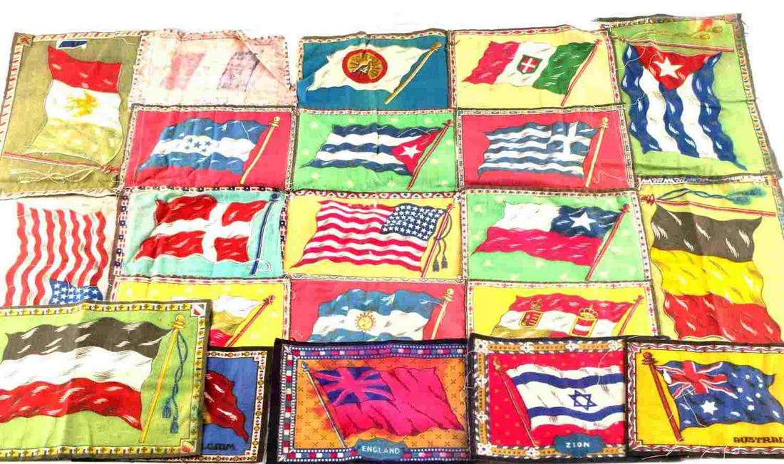 21 NATIONAL TOBACCO FELTS US ENGLAND AUSTRALIA LOT: 21 national tobaccos felt with 16 sewn together and 5 loose. Nations include Australia, United States, England, Cuba, Belgium, Israel, Germany and more. Smaller pieces measure 186mm x 134. Larger piec