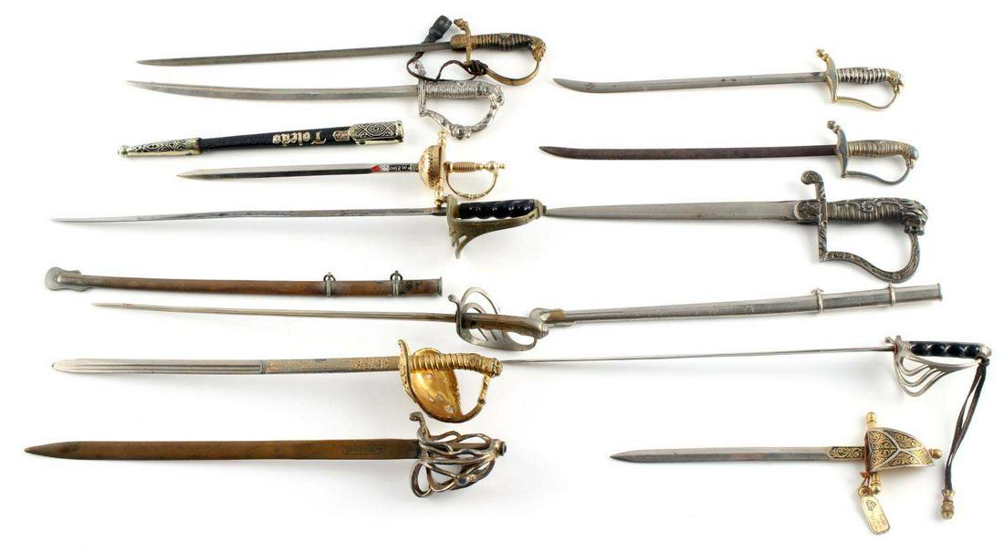 LOT OF 12 SWORD LETTER OPENERS GERMANY SPAIN MORE: Brass, bronze, and steel construction. A couple are marked Germany, one Spain, one Toledo, and others. 3 have scabbards. One with bakelite grip. Good vintage condition. Measure 6 - 10 inches.