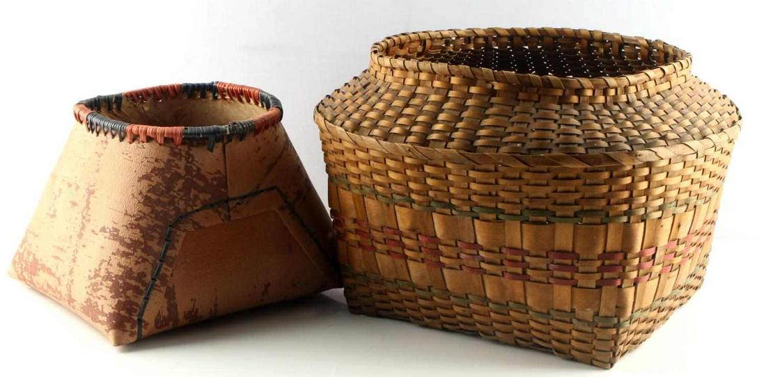 NATIVE AMERICAN WOVEN BASKETS LOT OF 2 BIRCH BARK: Smaller birch bark one measures 11 X 9.5 X 8 inches. Large one measures 15 X 15 X 10 inches, has small tear at top rim. Overall good condition.