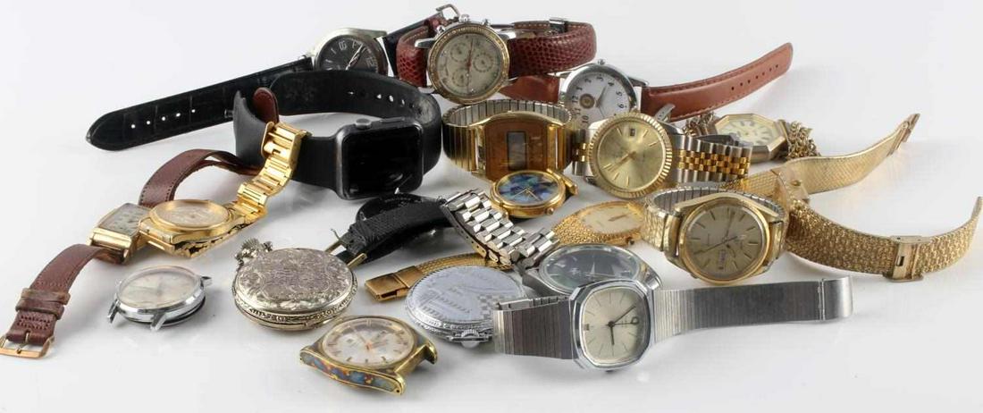 LOT OF 20 MENS WRISTWATCHES FOR PARTS OR REPAIR: Lot of 20 men's wristwatches. Includes: Lucien Piccard 14K with diamond bezel, Tissot, Bulova, USAF, Beverly Hills Polo, Elginpocket watch, Timex, Bvlgari, and more. For parts or repair.