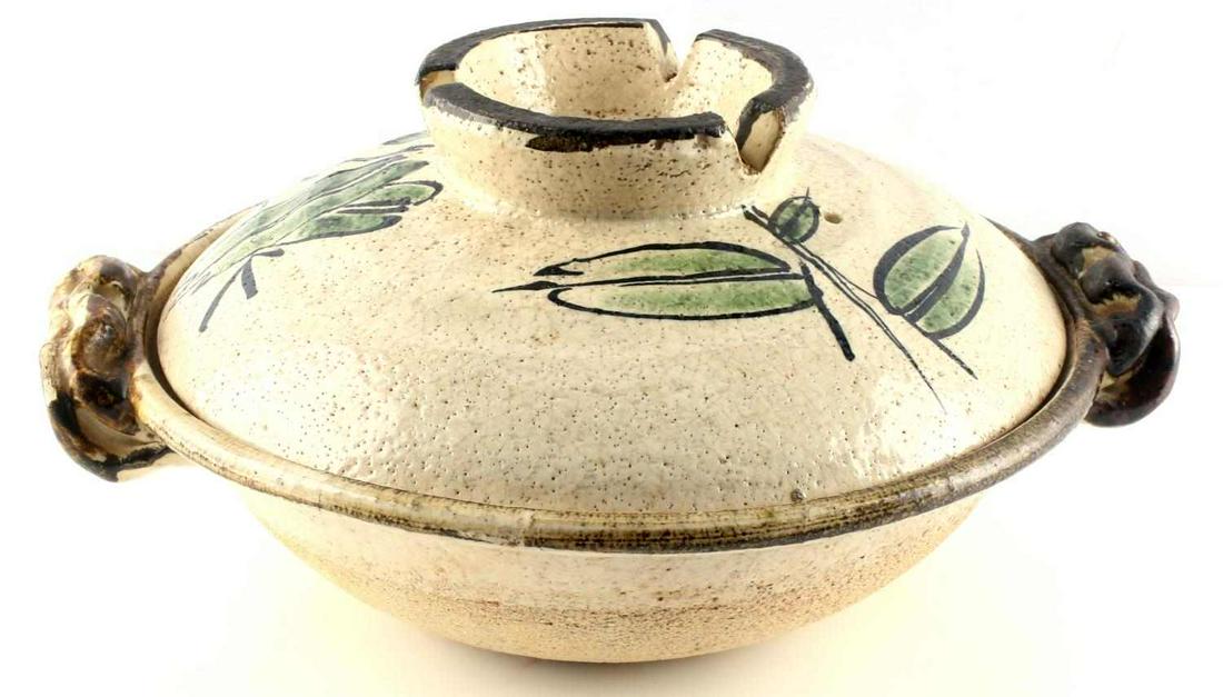 IGA YAKI DONABE JAPANESE STONEWARE POTTERY BOWL: Iga-yaki Donabe earthenware pottery, handmade and painted, artist signature impression on the underside of lid. Dimensions: Handle to handle 15 inches, interior diameter 11 inches, height 7 inches. In