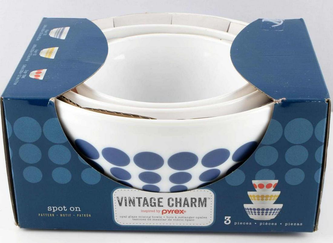 VINTAGE CHARM MEMORY LANE PYREX STACKING BOWLS: New in the box, Opal glass, Spot On pattern, microwave and dishwasher safe not for use in oven or on stove top.