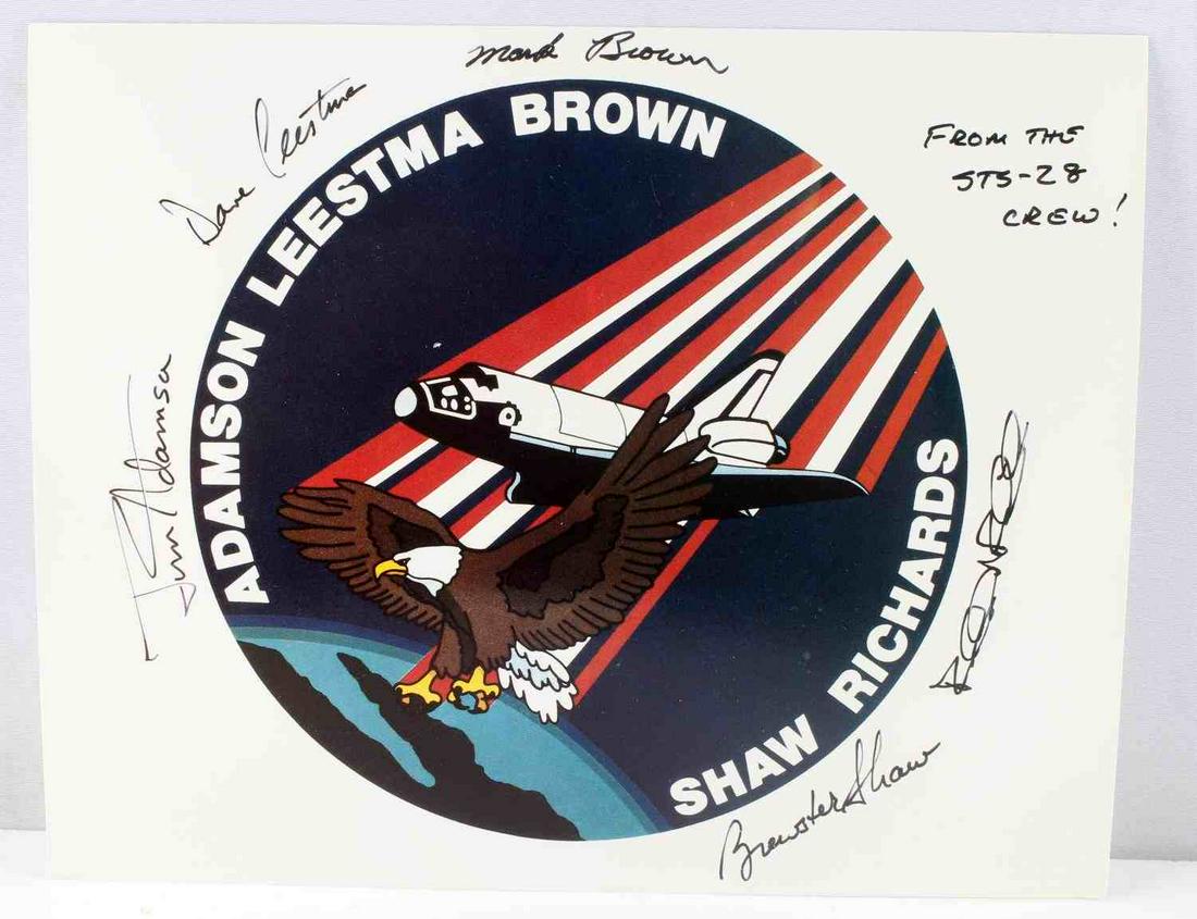 SPACE SHUTTLE COLUMBIA STS 28 CREW SIGNED IMAGE: Space Shuttle Columbia STS-28 crew signed mission patch image. Signed by astronauts Brewster H. Shaw Jr., Richard N. Richards, James C. Adamson, David C. Leestma and Mark N. Brown. Inscribed "From the
