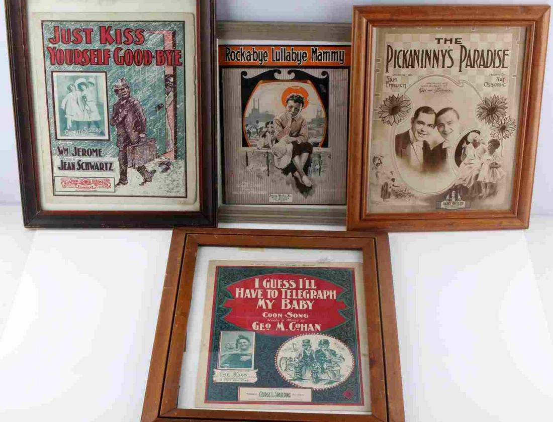 4 BLACK AMERICANA EMPHEMERA SHEET MUSIC COVERS: Antique early 20th century framed sheet music. Songs featured are "Rockabye Lullaby", "I Guess I'll Have To Telegraph My Baby", "The Pickaninny's Paradise", and Just Kiss Yourself Goodbye." Measuremen