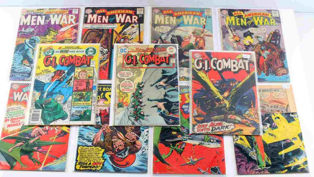 LOT 11 DC GOLDEN AGE ALL AMERICAN GI COMBAT COMICS: 11 Golden age DC Comics including "All American Men at War" issues 101, 102, 97, 109, and 110. "Star Spangled War Stories" issues 128 and 129. "P.T. Boat Skipper Capt. Storm" issue 11. "G.I. Combat" i