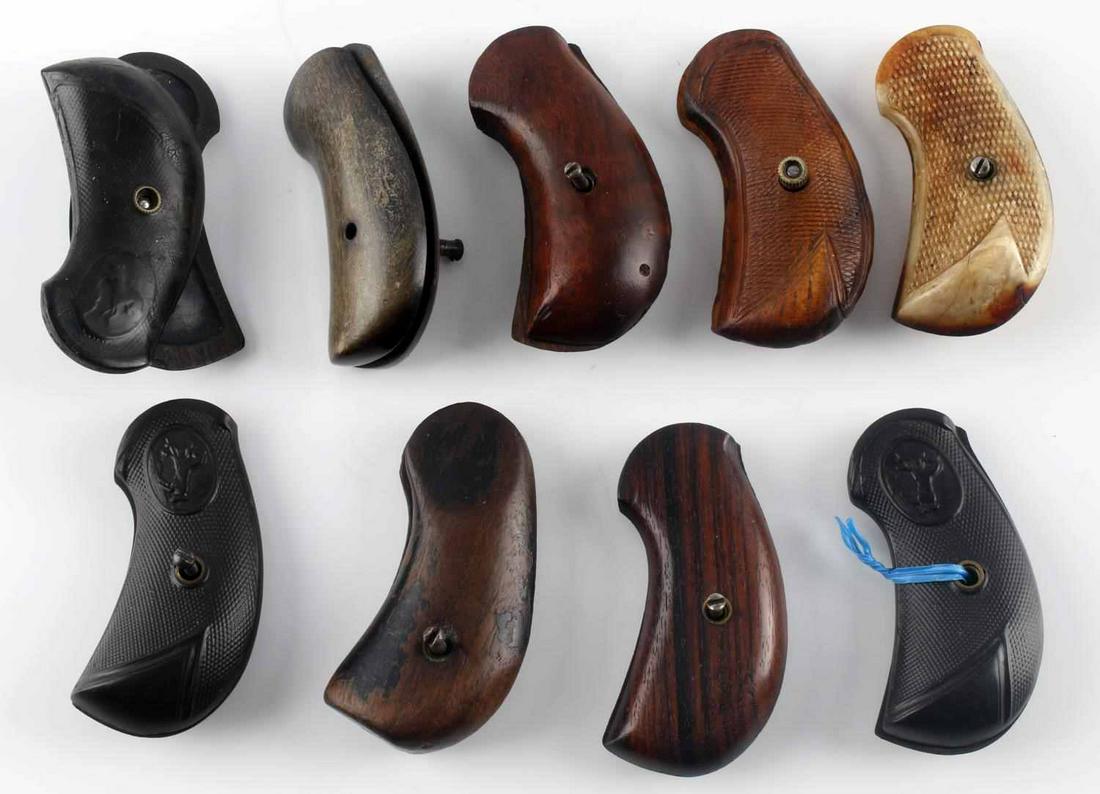 9 PAIRS OF COLT M1878 DA REVOLVER GRIPS BAKELITE: Made from bakelite and wood with one celluloid, some factory original, well worn condition.