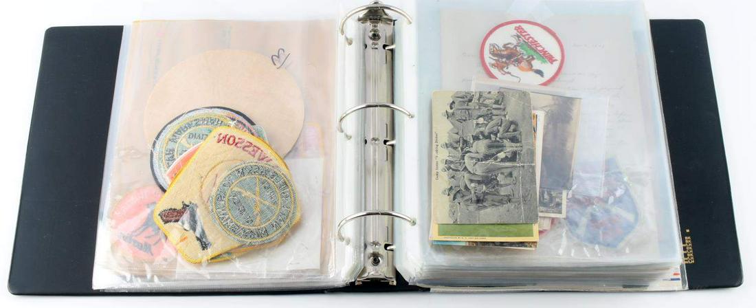 WWII US ARMY FIREARM EPHEMERA PATCHES PHOTOS CLIP: Binder of WWII ephemera including: firearm purchase receipts, few US Army and Navy photos, few smaller military photos and postcards, 13 firearm patches, old firearm publications such as Colt, Winches