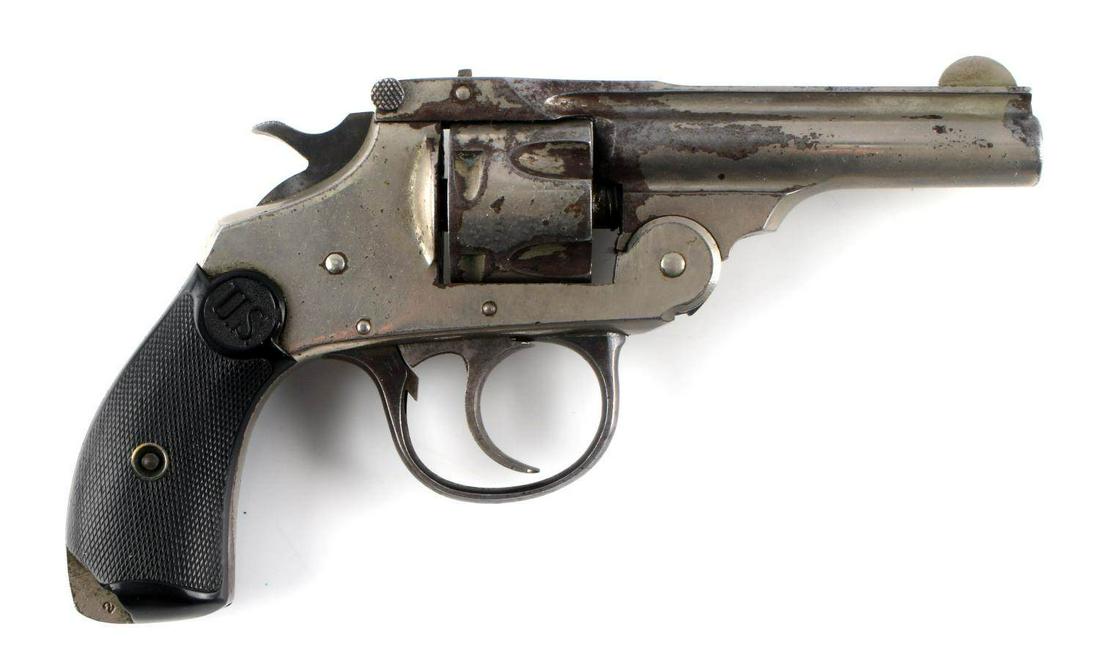 US REVOLVER DA TOP BREAK 5 SHOT REVOLVER .32 CAL: Nickel finish antique revolver, US bakelite grips, 3-inch barrel with fair clear bore, double action works, serial number marked to exterior trigger guard. Maker marked to top rib. Half moon front sig