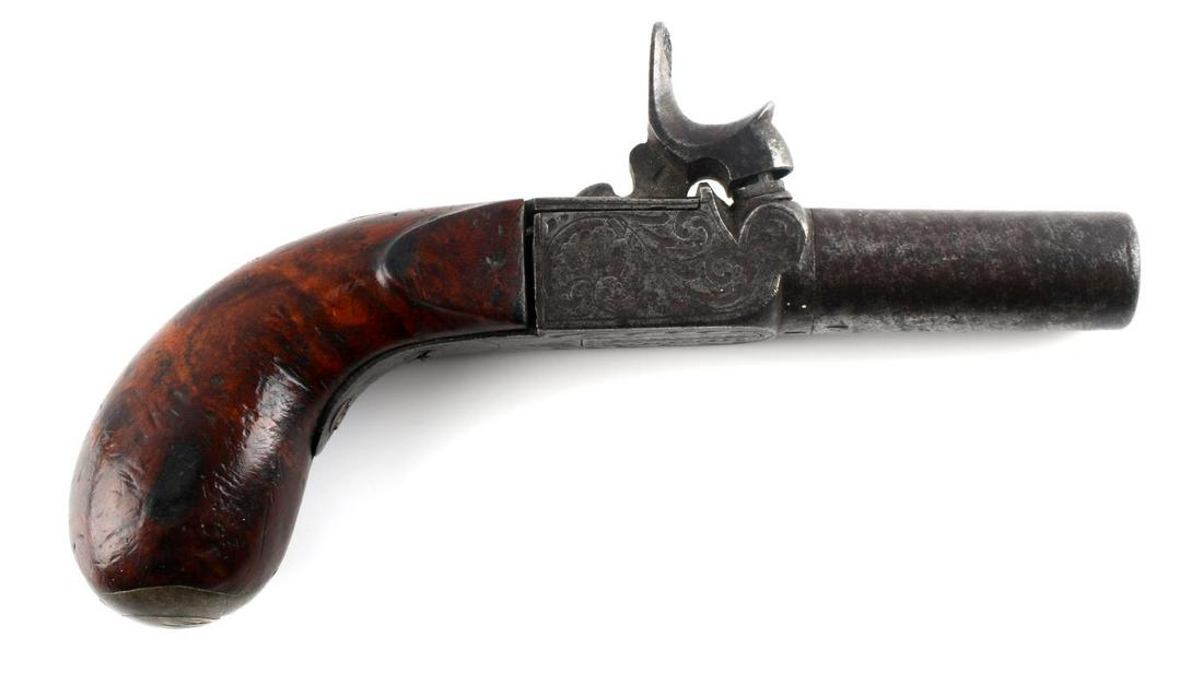ANTIQUE BELGIAN FLINTLOCK POCKET PISTOL BELGIUM: 18th century Belgian flintlock pocket pistol with screw on/off barrel. Engraved receiver with wooden handle. Fair bore with pitting and oxidation. Barrel is 40mm. Hammer does not pull back. Folding tr