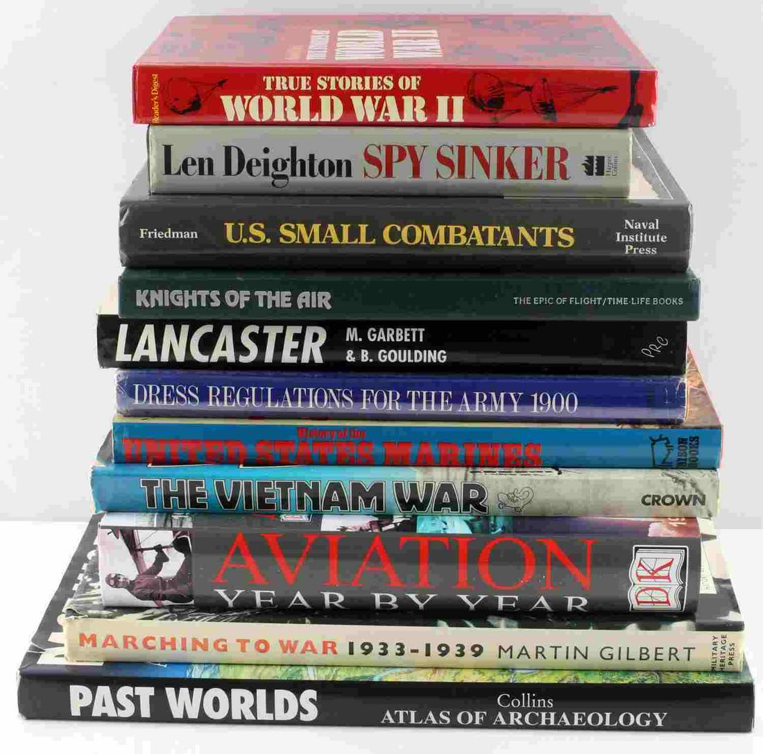LOT OF 11 MIXED MILITARY WAR WWII AVIATION BOOKS: Lot includes: Marching to War 1933-1939 by Martin Gilbert, Reader's Digest True Stories of WWII, Dress Regulations for the Army 1900 - Charles E. Tuttle Company, Lancaster by M. Garbett & B. Goulding,