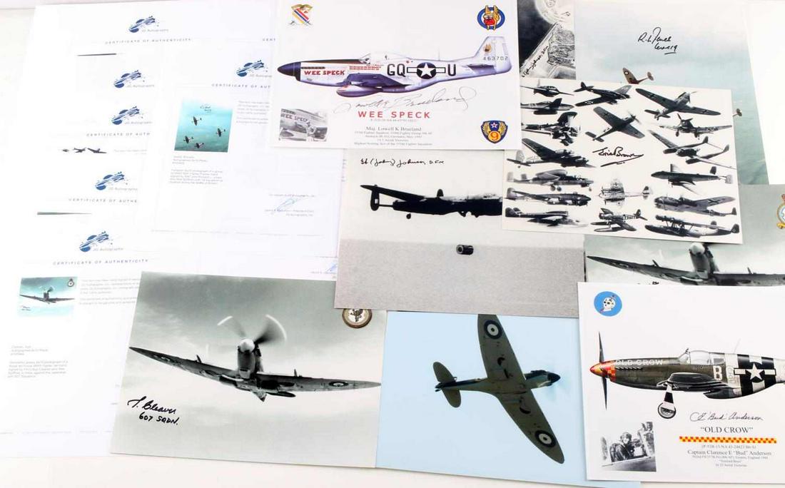 10 WWII BRITISH FLYING ACES SIGNED PHOTOS W COA: Lot of 10 WWII British Flying Aces signed photographs with COAs from JG Autographs. Includes two George "Johnny" Johnson, John Milne, Jimmy James, Richard Jones, Syd Cleaver, Rodney Scrase, Lowell K. 