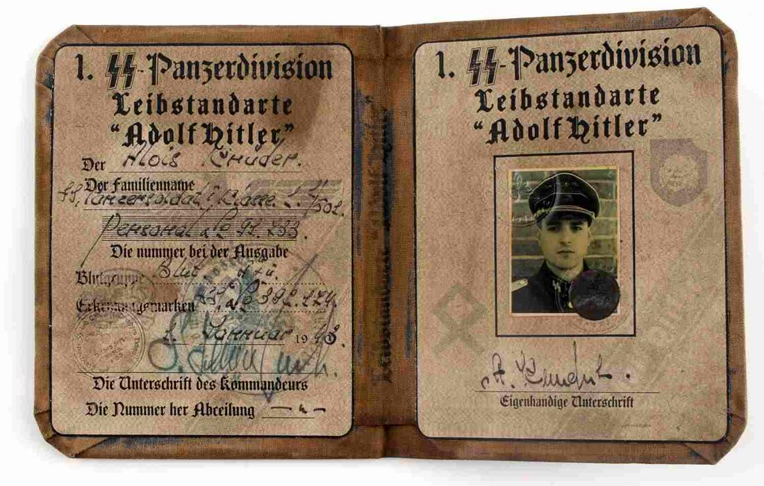 WWII GERMAN SS PANZERGRENADIER DIVISION AUSWEIS ID: WWII German Third Reich Panzer Grenadier SS division Ausweis ID with portrait picture and signature. Measures 5 1/8 X 4 1/8 inches wide. Unauthenticated, sold as is.