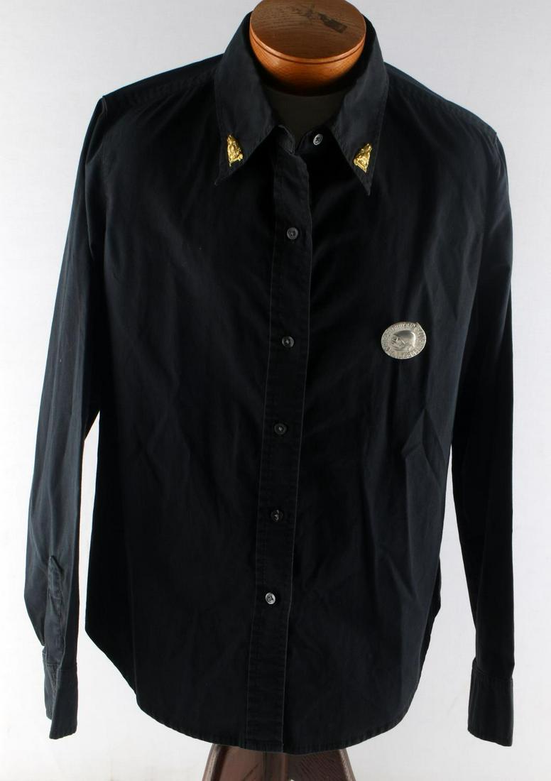 WWII ITALIAN FASCIST BLACK SHIRT WITH INSIGNIA: Black shirt, youth or women's size small/medium, gold wolf tin collar insignia, and one aluminum Mussolini pin. Very good condition.
