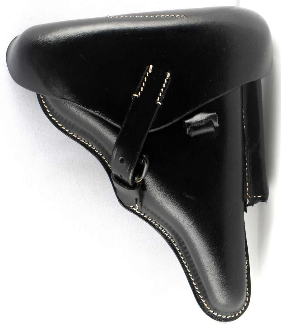 WWII GERMAN THIRD REICH P08 LUGER PISTOL HOLDER: WWII German P-08 Luger pistol holder. Genuine black leather. Has maker's marks on back that reads "Bautzen 1941 WaA170" and "PO8" next to the belt loops. Measures approximately 8.5 X 10 inches. Very g