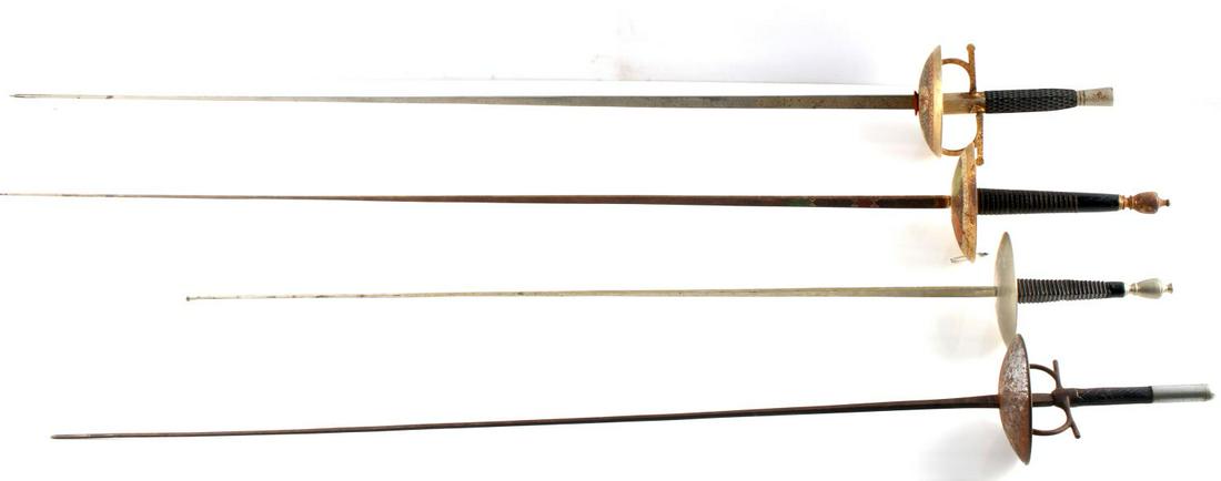 LOT OF 4 FENCING FOIL SWORDS SOME PAINTED: Lot of 4 fencing swords. 2 have cloisonne painted design to guard and end of blade. Blades range from 27 - 35.5 inches. One is heavily rusted, others have some normal wear. Fair to good condition.
