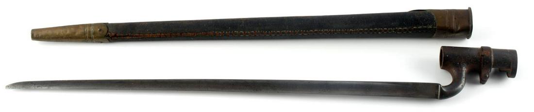 MARTINI ENFIELD BRITISH BAYONET W SCABBARD: Armory and broad arrow marked 1875 date, good leather scabbard