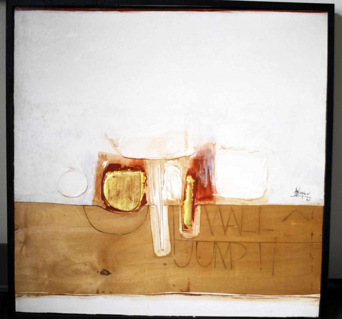 ROBERT HELMER MID CENTURY CONTEMPORARY ART: Robert Helmer (American/New Orleans, 1922-1990), Contemporary Art, original signed mixed media on board, dated 1967. Nice mid-century piece in very good condition measuring 25 X 24 inches.