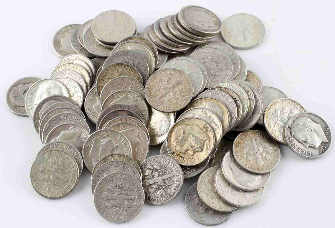 ROOSEVELT DIMES 90% SILVER COIN LOT $10 FACE VALUE: $10 dollar face value of Roosevelt dimes all pre-1964, 90% silver, in assorted dates and conditions.