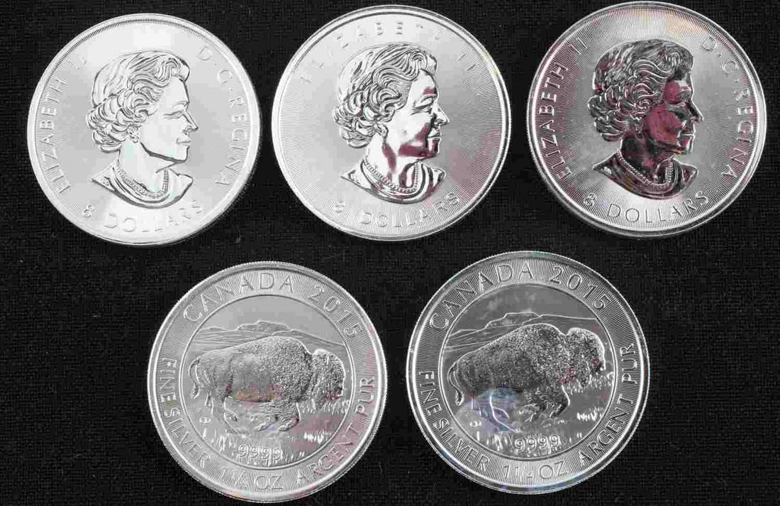 CANADIAN BUFFALO 1.25 OZ 5 SILVER COINS BU: Canadian Buffalo 8 dollar 1.25 oz 5 silver bullion coins. Each contains 1.25 Troy oz of .9999 pure silver. In BU condition.