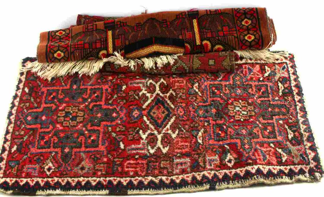 LOT OF 3 ORNATE HAND WOVEN ARABIAN PRAYER RUGS: Lot includes 3 rugs. Two are 100% wool. Ends of rugs are frayed in a few spots. Slight discoloration. Each measures 33 X 23 1/2 inches. Very good condition. The other has an image of Mecca woven into 