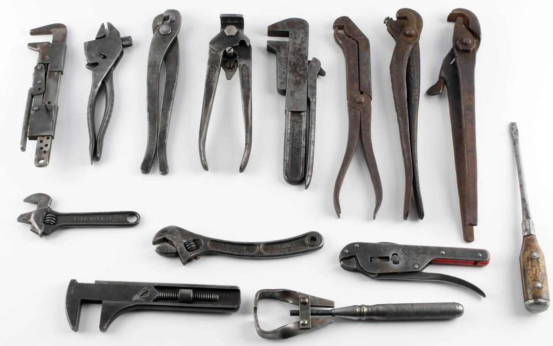 LOT OF 14 ANTIQUE TOOLS WRENCHES PULLER BICYCLE: Lot includes: 1890's Worth flathead screwdriver, custom made puller, Carson R Mills, windmill wrench by Love Mfg, Carll, Bergman, Wm H Jorth & Co. Lightning combo wrench/plier, Colson Model D 1917 pat