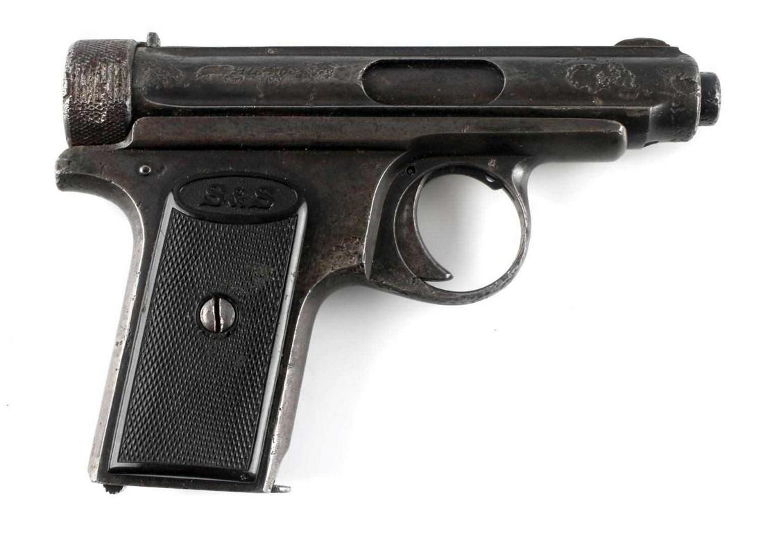 WWII JP SAUER & SOHN SUHL SEMI AUTO PISTOL .32 ACP: Blued steel with heavy pitting, maker marked to top rib, S&S bakelite grips, serial number marked to left side frame, 3 1/8 inch barrel with good clear bore, fixed front and dovetail rear sights. Requ