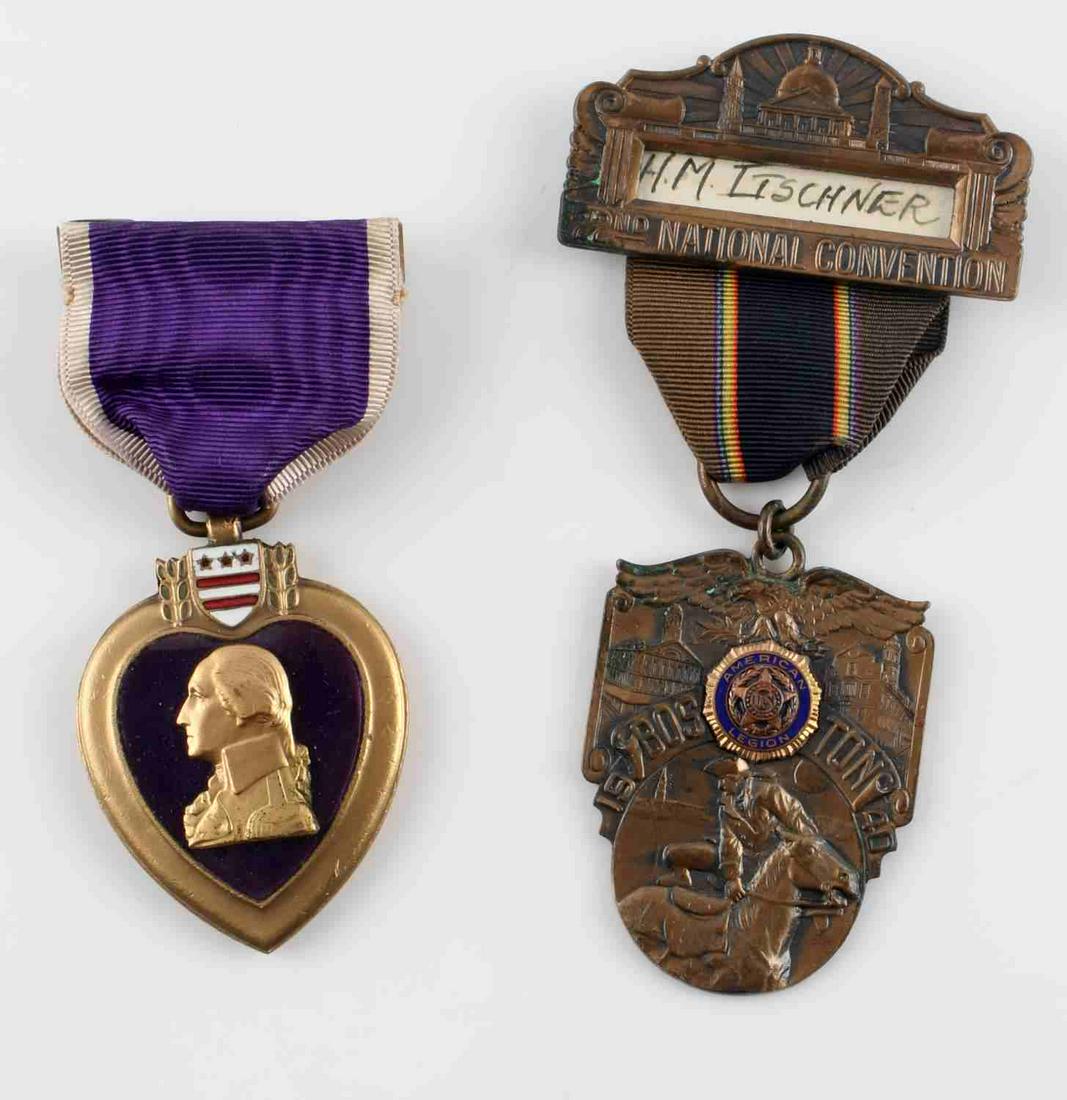 2 WWI MEDALS PURPLE HEART & 1940 AMERICAN LEGION: Lot of 2. Both medals named to Harry M. Itschner. Very good condition. Comes with a list of men that were slightly wounded in action, his name highlighted.