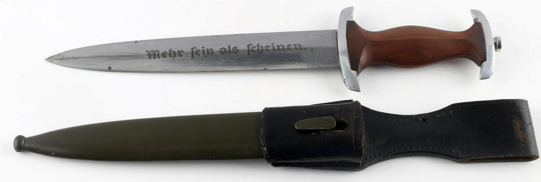 WWII GERMAN THIRD REICH NPEA STUDENT DAGGER: WWII German Nationalpoltische Erziehungsanstalt (NPEA) students dagger. Motto "Mehr sein als scheinen" on blade. Eickhorn maker's mark. Plain wood handle with no insignia, aluminum fittings, olive dra