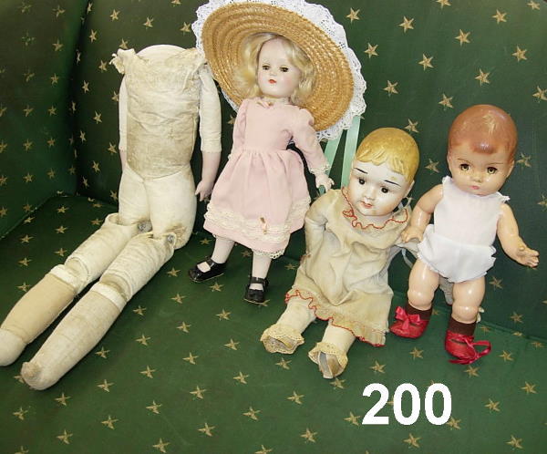 ANTIQUE DOLL LOT OF 4 EFFANBEE COMPOSITION ETC.: ANTIQUE DOLL LOT INCL. EFFANBEE COMPOSITION BABY DOLL 12" SMALL DAMAGE ON FACE, PORCELAIN HEAD/CLOTH BODY BABY (MISSING FEET) 15" COMPOSITION LITTLE GIRL IN PINK 15" AND LEATHER BODY DOLL -NO HEAD24"